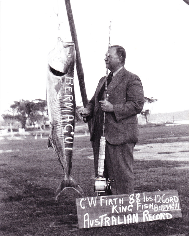 Clive Firth with his 88Lbs (39.91kgs) Yellowtail Kingfish taken at Bermagui 23.4.1938 on 12 cord line. The Australian All-Tackle and 24kg line record until 2006, Heaviest Gamefish in 1938 Sesqui-Centenary Contest